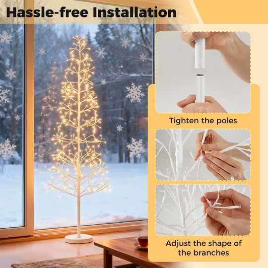 5/6/7 FT Lighted Birch Tree with 240/320/456 Warm White Light LED Lights and Weighted Base for Christmas