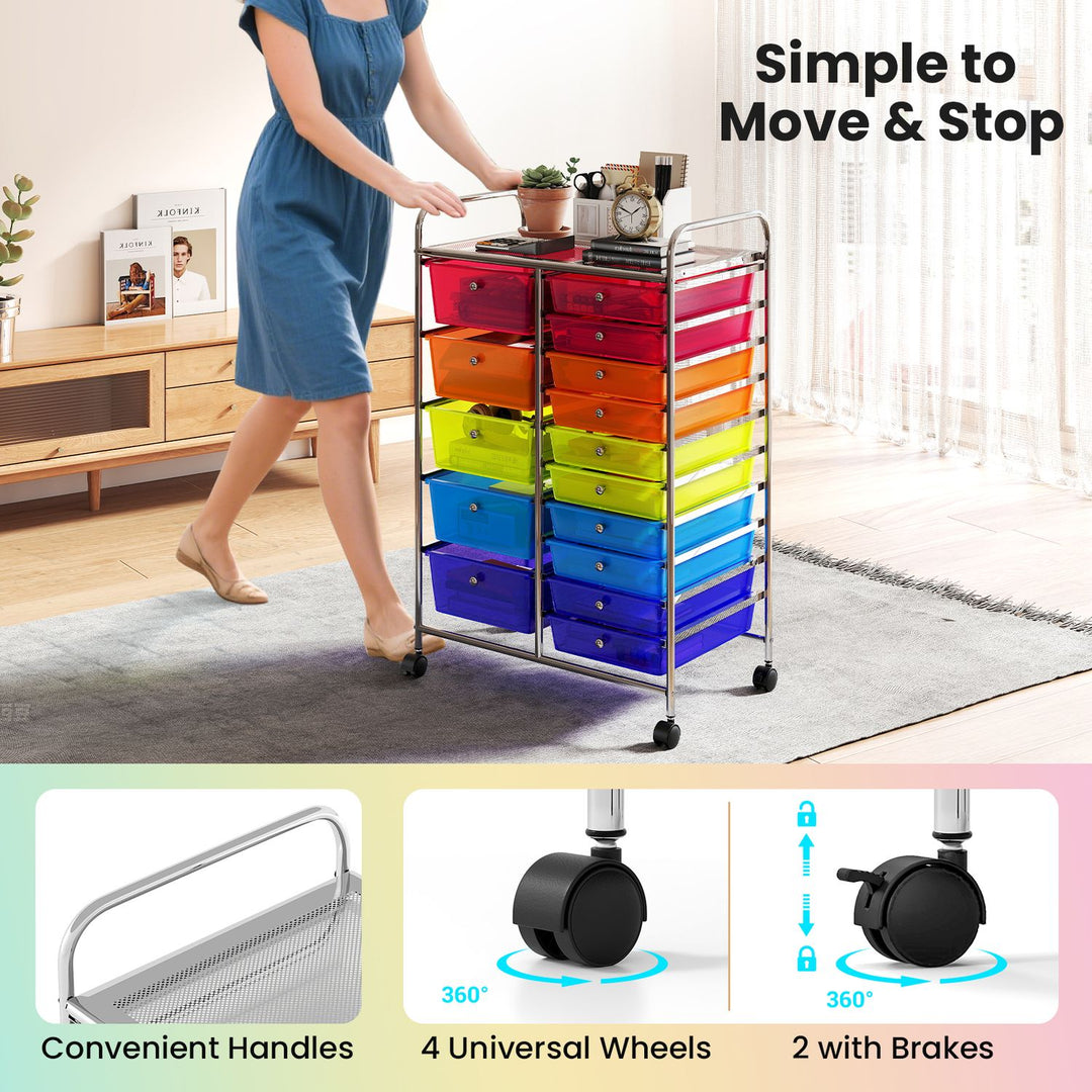 Rolling Storage Cart 15-Drawer Trolley with Chrome Plated Metal Frame