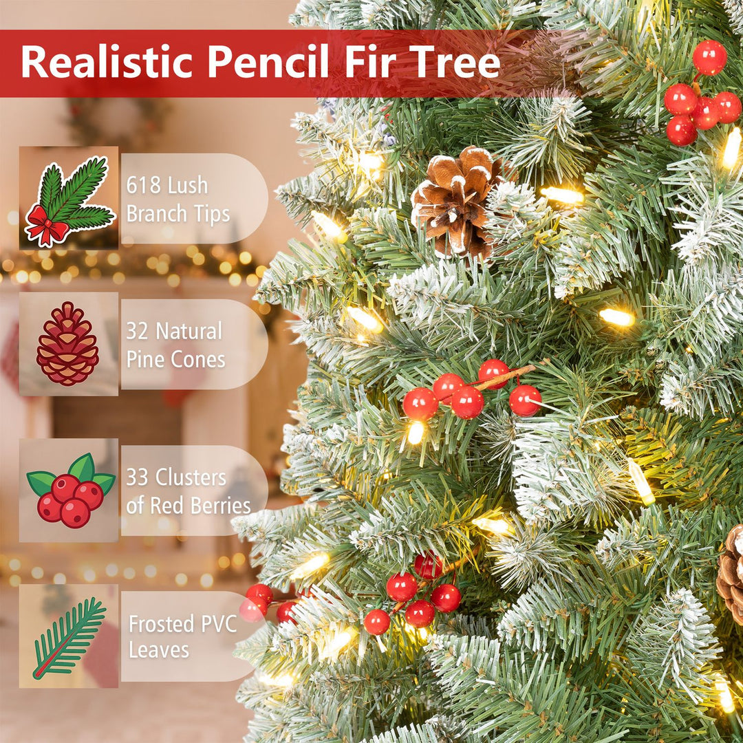 6FT Frosted Pencil Fir Christmas Tree with Branch Tips Pine Cones Red Berry Clusters