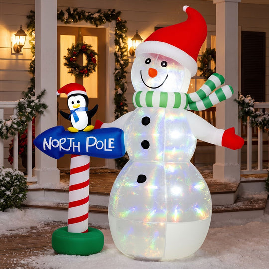 6 FT Christmas Inflatable Snowman Penguin and North Pole Sign with Colorful LED Lights