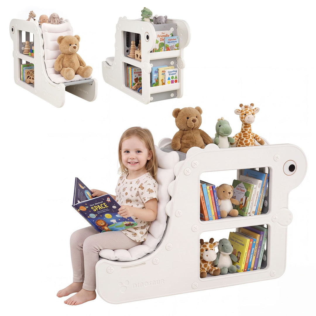 2-in-1 Kids Bookshelf with Padded Cushion and Open Cubbies
