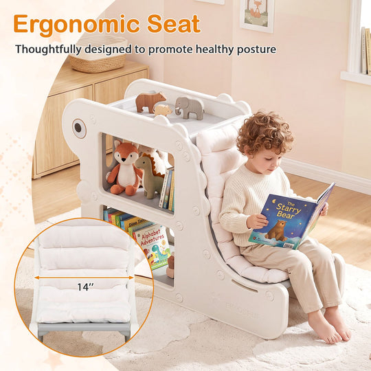 2-in-1 Kids Bookshelf with Padded Cushion and Open Cubbies