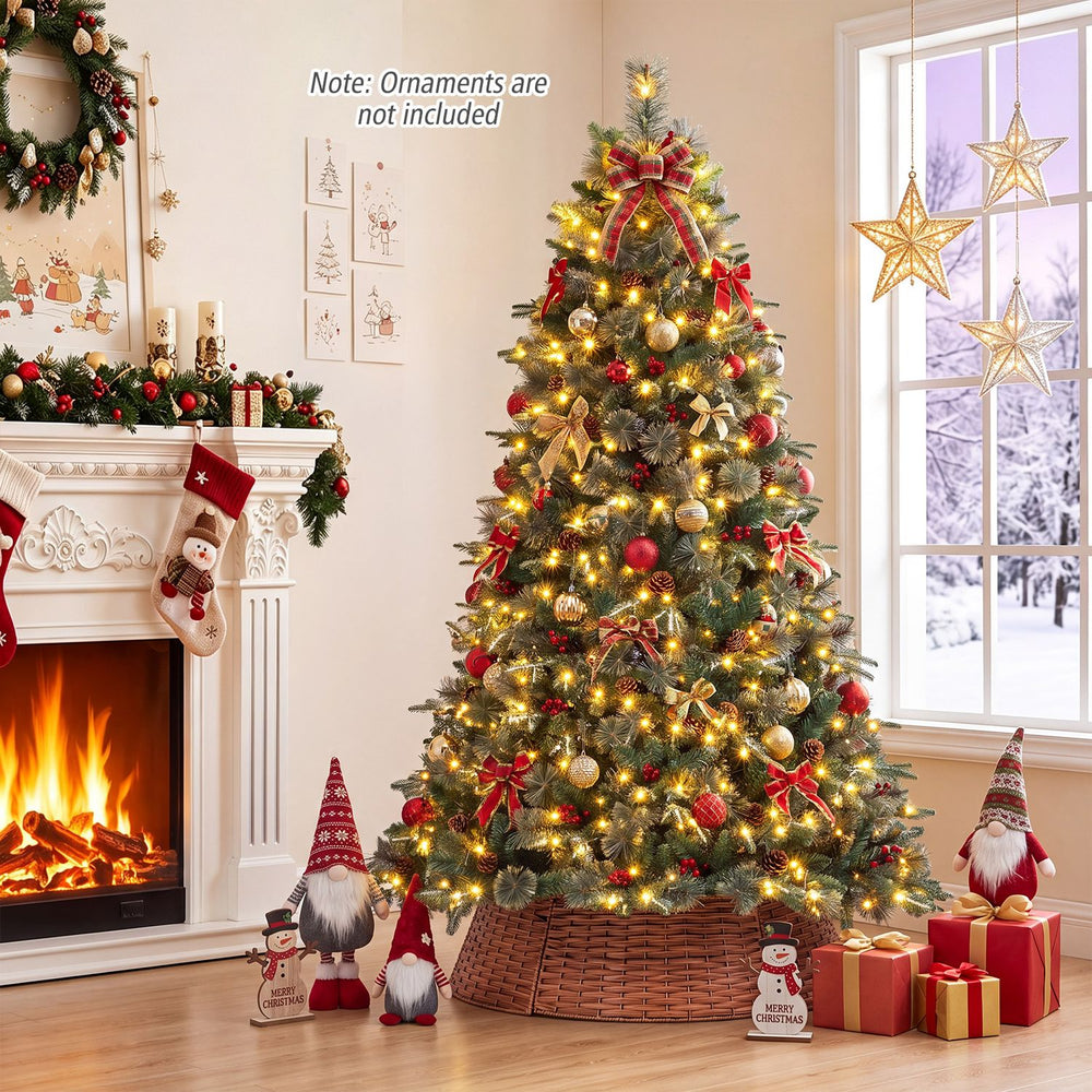 7 FT Christmas Tree and 36” Rattan Tree Collar Set with Wicker Tree Ring and 1198 Branch Tips