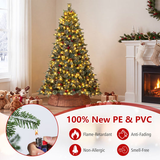 7 FT Christmas Tree and 36” Rattan Tree Collar Set with Wicker Tree Ring and 1198 Branch Tips