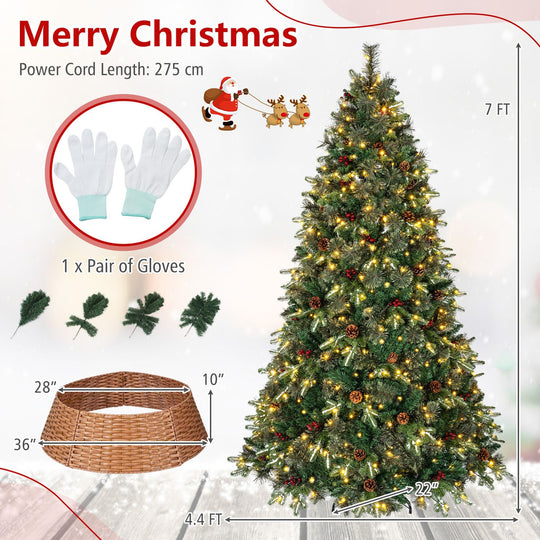 7 FT Christmas Tree and 36” Rattan Tree Collar Set with Wicker Tree Ring and 1198 Branch Tips