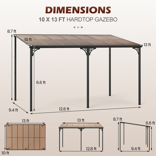 Wall-Mounted Patio Gazebo Large Outdoor Hardtop Pergola with Sloped Polycarbonate Roof-Black