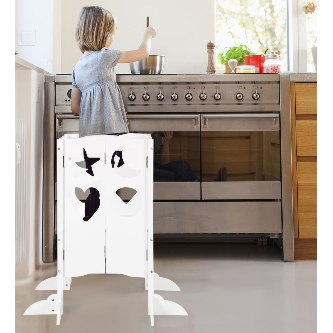 Folding Kids Kitchen Helper Kitchen Counter Step Stool-White