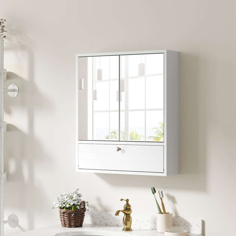 Double Door Wall-Mounted Bathroom Mirrored Medicine Cabinet-White