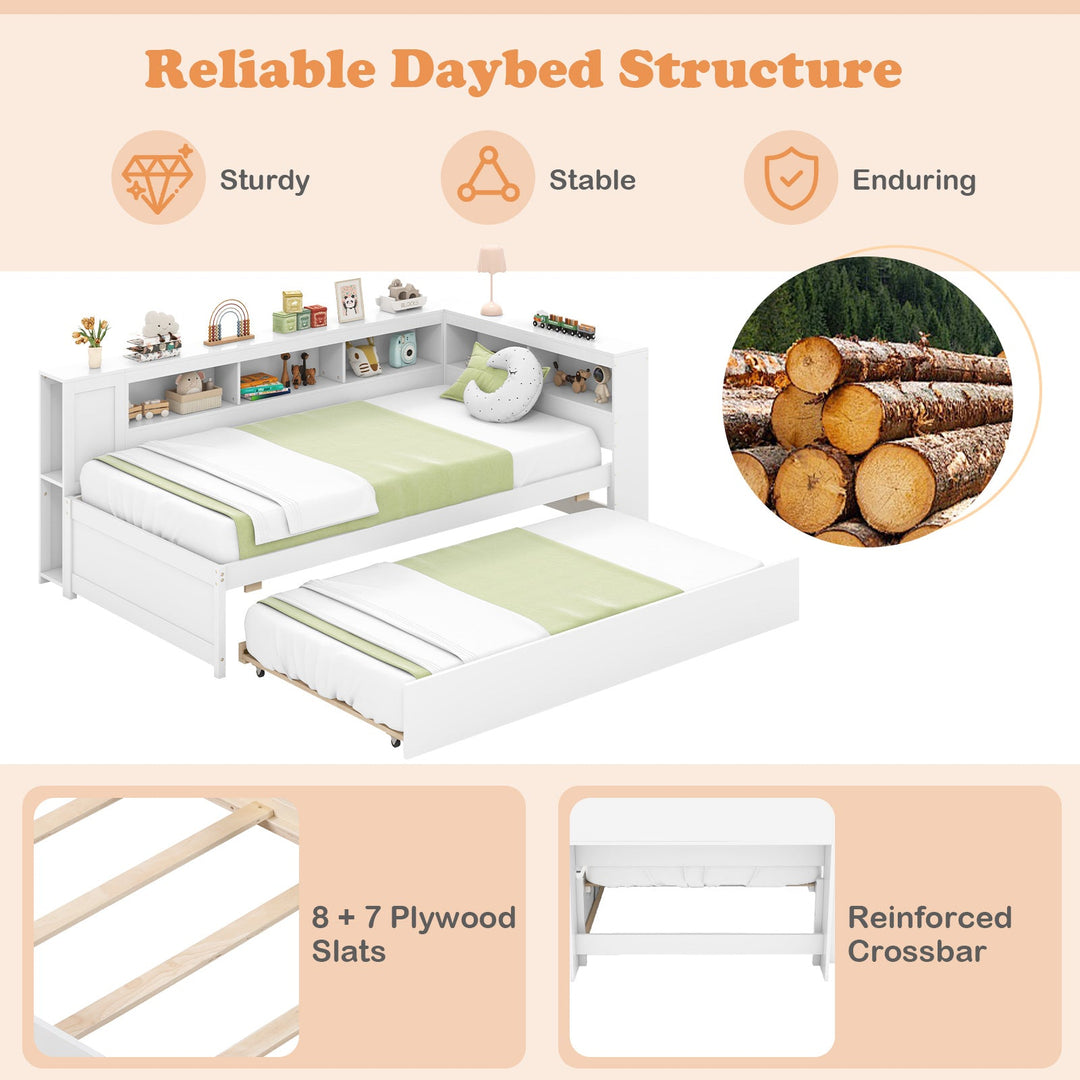 Twin Size Daybed Platform Bed Frame with Trundle and Bedside Shelves-White