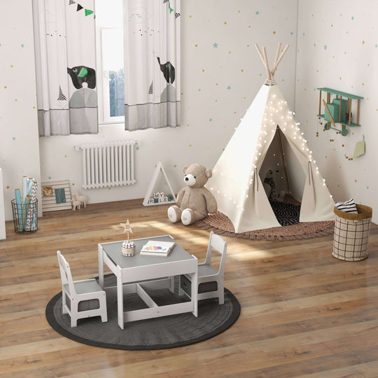 Kids Table Chairs Set With Storage Boxes Blackboard Whiteboard Drawing-White