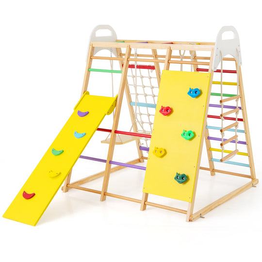 8-in-1 Wooden Jungle Gym Playset with Slide and Monkey Bars-Multicolor