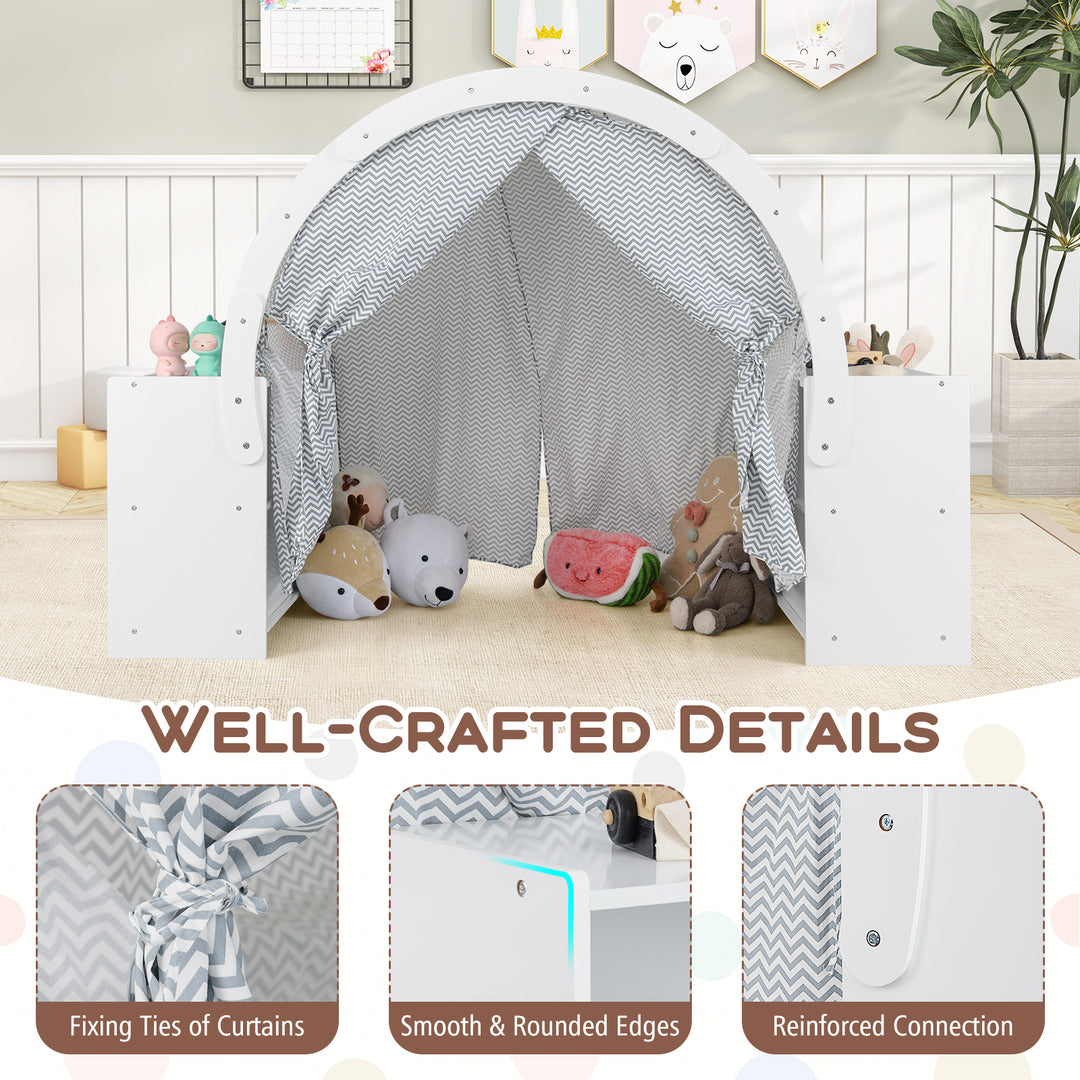 Wooden Kids Play Tent with Curtain Shades and 8 Cubbies-White