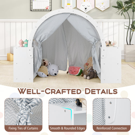 Wooden Kids Play Tent with Curtain Shades and 8 Cubbies-White