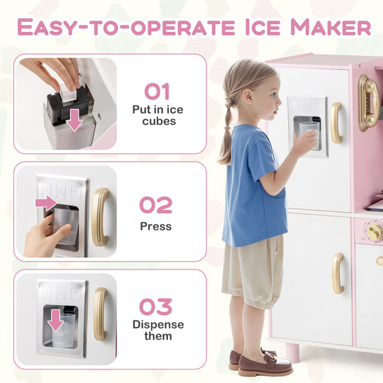 Wooden Kitchen Playset with Ice Maker and Sounds for Ages 3+-Pink