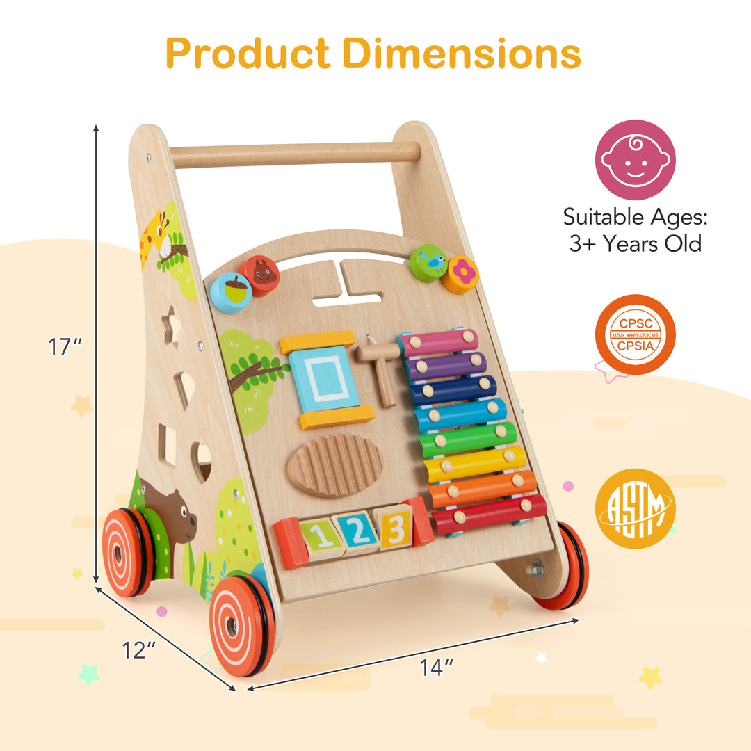 Wooden Push and Pull Baby Walker with Handle and Storage-Natural